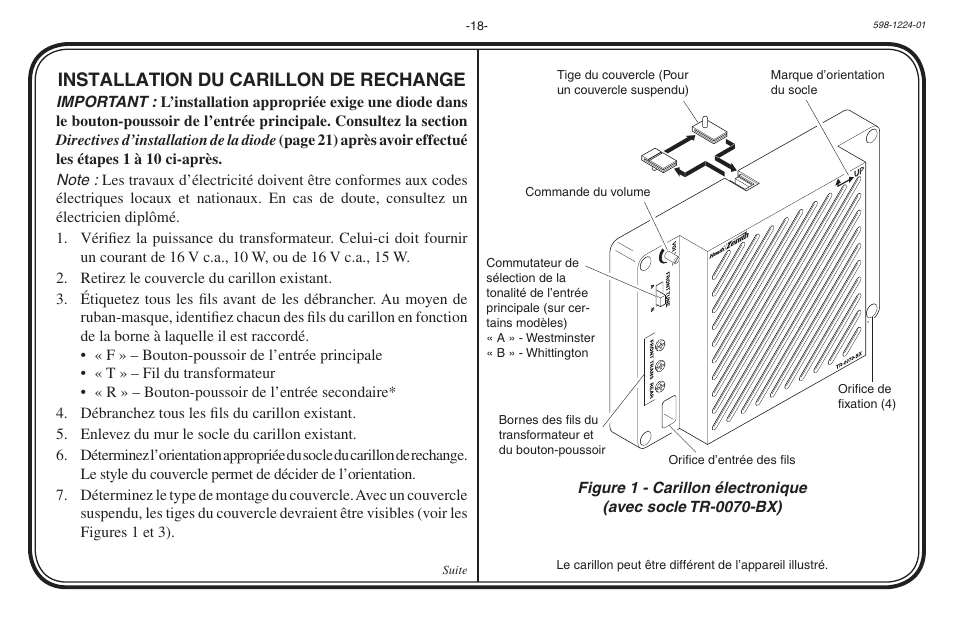 Installation du carillon de rechange | Heath Zenith Hardwired Electronic Chime 598-1224-01 User Manual | Page 18 / 24