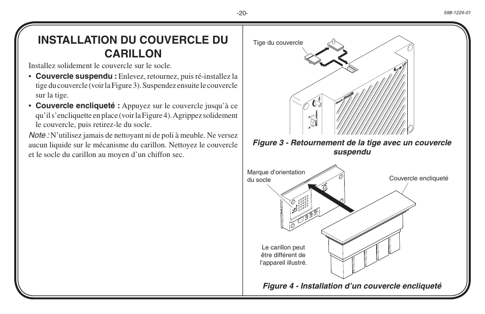 Installation du couvercle du carillon | Heath Zenith Hardwired Electronic Chime 598-1224-01 User Manual | Page 20 / 24