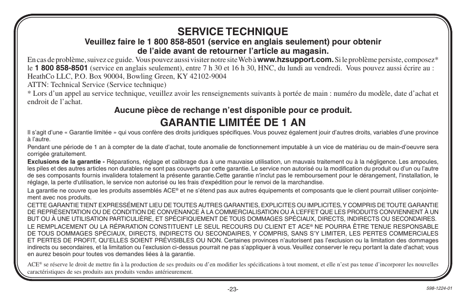 Garantie limitée de 1 an, Service technique | Heath Zenith Hardwired Electronic Chime 598-1224-01 User Manual | Page 23 / 24