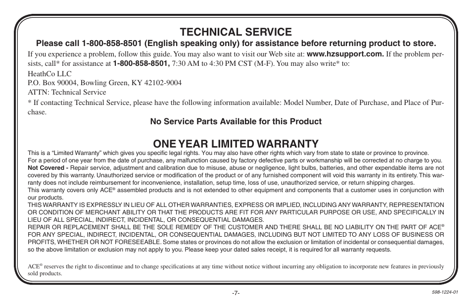 One year limited warranty, Technical service, No service parts available for this product | Heath Zenith Hardwired Electronic Chime 598-1224-01 User Manual | Page 7 / 24