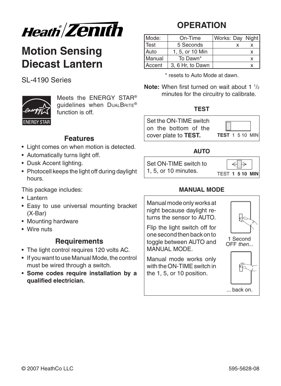 Heath Zenith Motion Sensing Diecast Lantern SL-4190 Series User Manual | 24 pages
