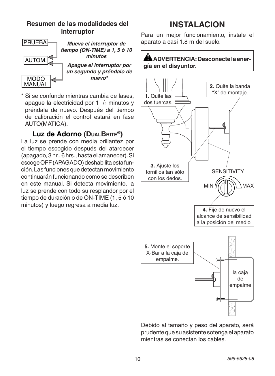 Instalacion, Luz de adorno (d | Heath Zenith Motion Sensing Diecast Lantern SL-4190 Series User Manual | Page 10 / 24