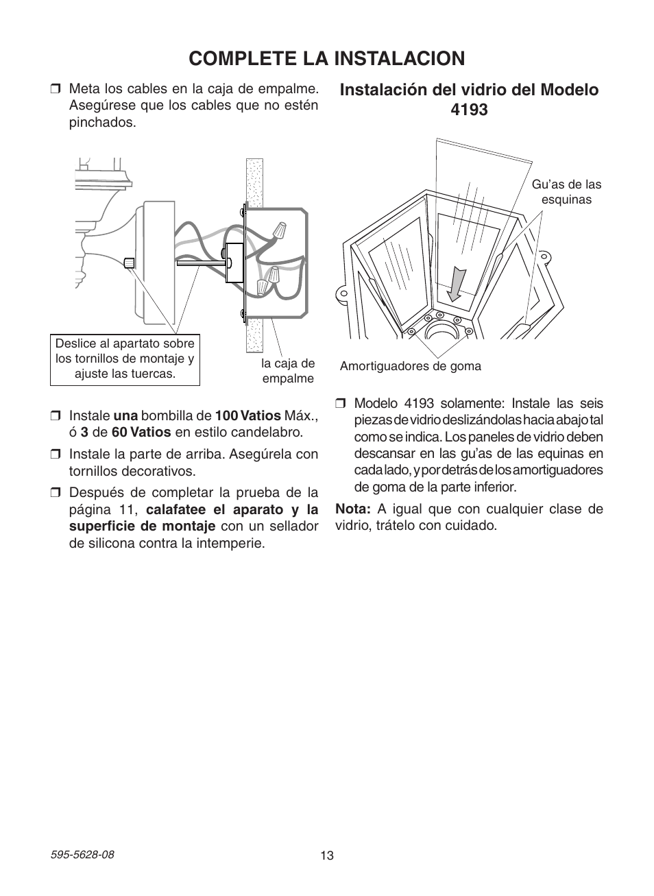 Complete la instalacion, Instalación del vidrio del modelo 4193 | Heath Zenith Motion Sensing Diecast Lantern SL-4190 Series User Manual | Page 13 / 24