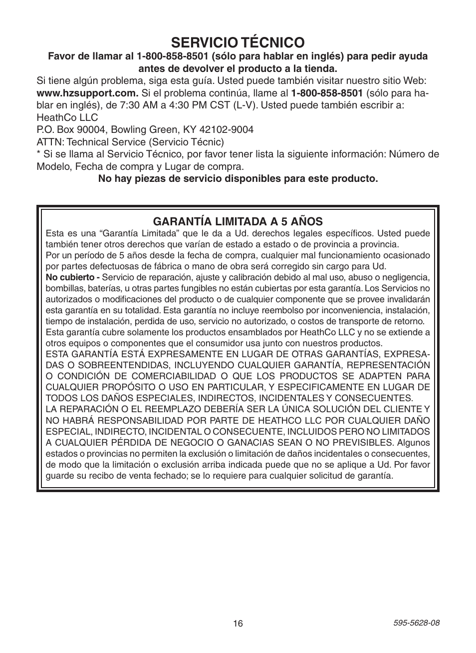 Servicio técnico | Heath Zenith Motion Sensing Diecast Lantern SL-4190 Series User Manual | Page 16 / 24