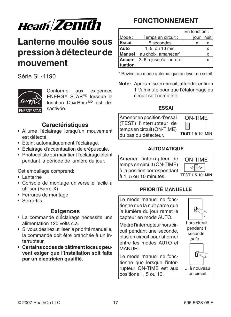 Fonctionnement, Série sl-4190 caractéristiques, Exigences | Heath Zenith Motion Sensing Diecast Lantern SL-4190 Series User Manual | Page 17 / 24