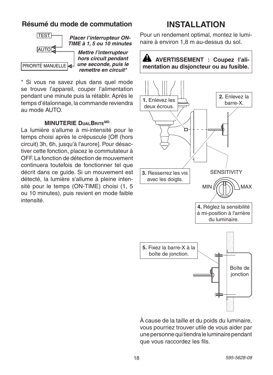 Installation, Résumé du mode de commutation | Heath Zenith Motion Sensing Diecast Lantern SL-4190 Series User Manual | Page 18 / 24