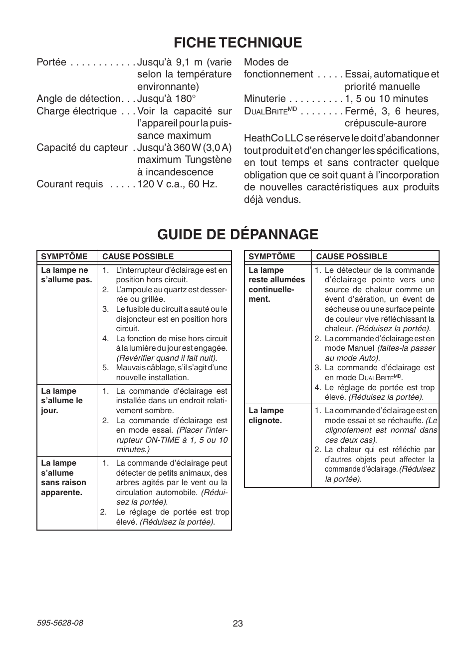 Guide de dépannage, Fiche technique | Heath Zenith Motion Sensing Diecast Lantern SL-4190 Series User Manual | Page 23 / 24