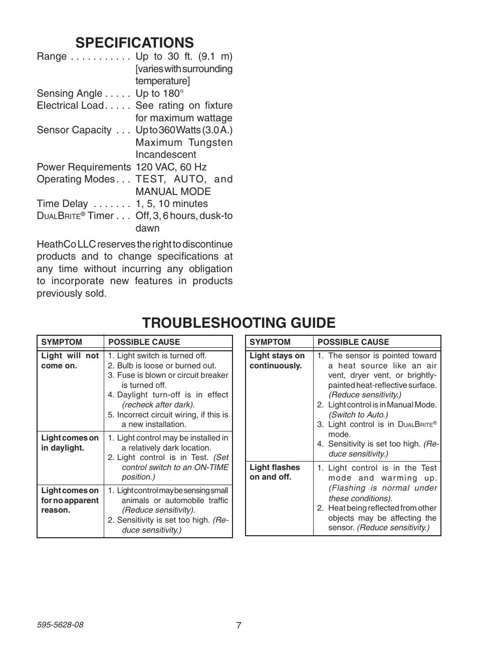 Specifications, Troubleshooting guide | Heath Zenith Motion Sensing Diecast Lantern SL-4190 Series User Manual | Page 7 / 24