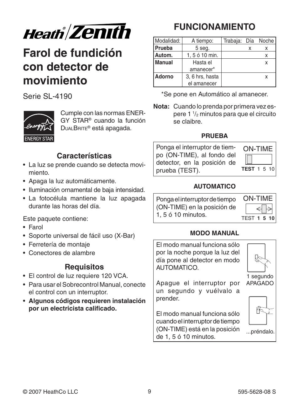 Farol de fundición con detector de movimiento, Funcionamiento, Serie sl-4190 características | Requisitos | Heath Zenith Motion Sensing Diecast Lantern SL-4190 Series User Manual | Page 9 / 24