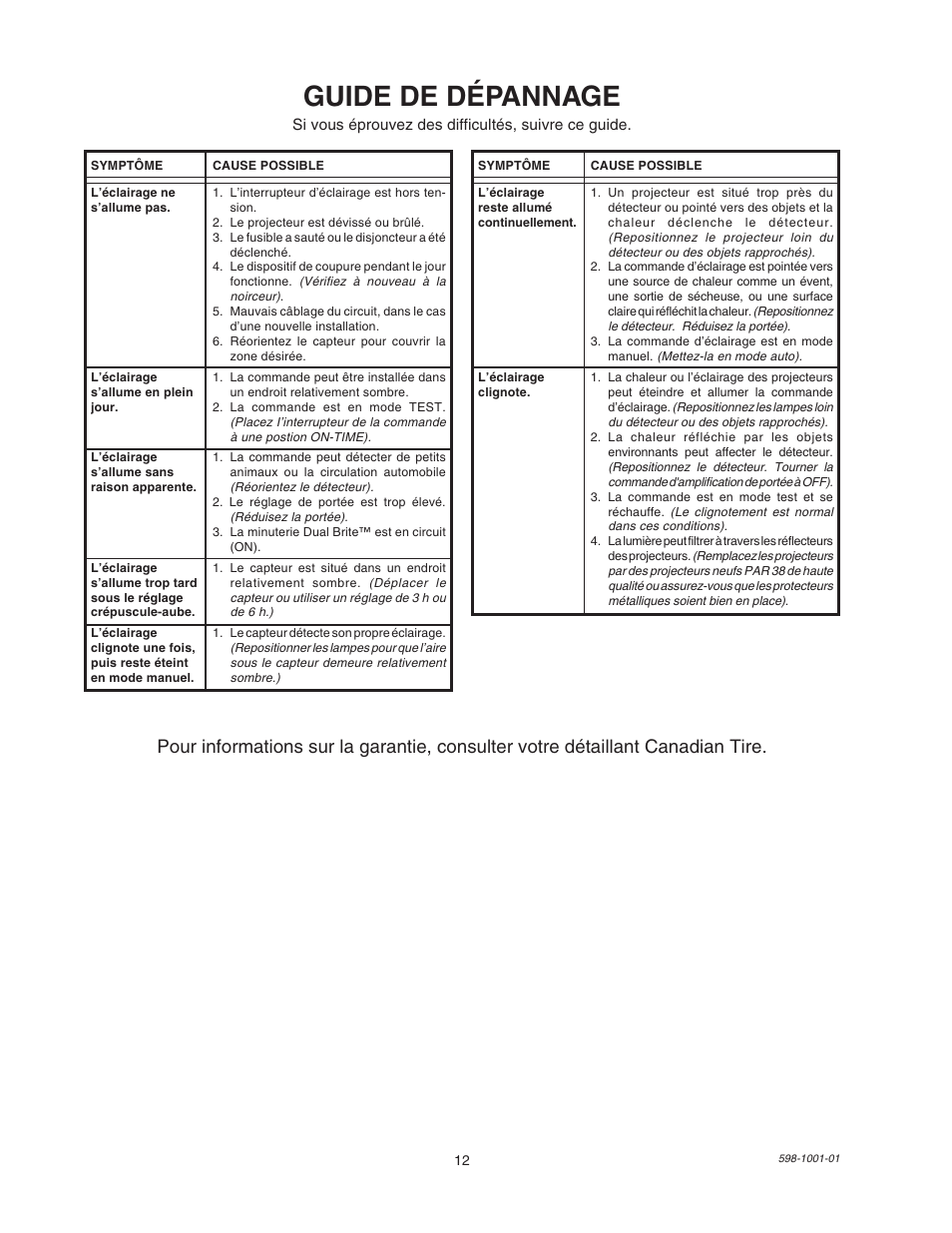 Guide de dépannage | Heath Zenith DUAL BRITE SL-5318 User Manual | Page 12 / 12