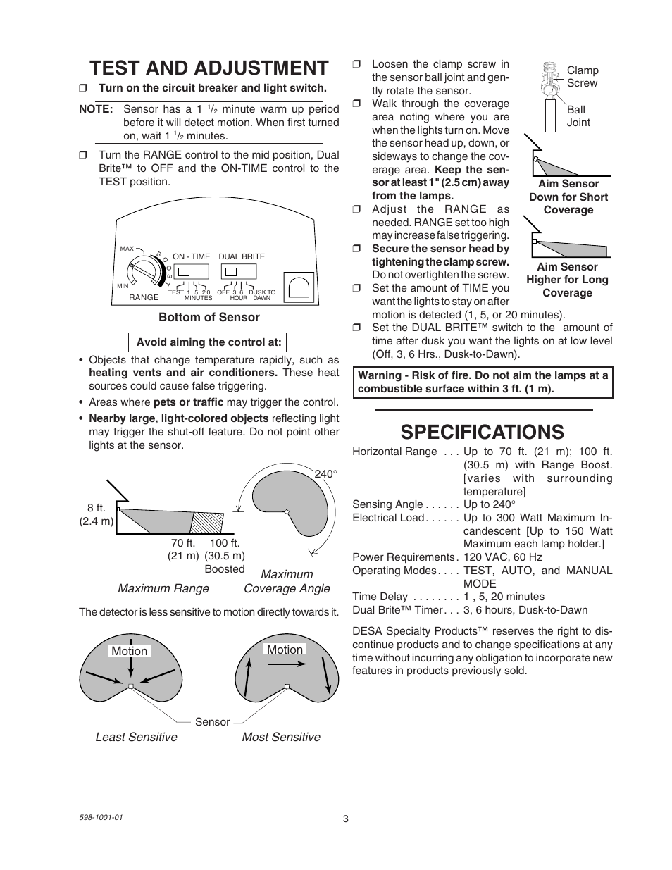 Test and adjustment, Specifications | Heath Zenith DUAL BRITE SL-5318 User Manual | Page 3 / 12