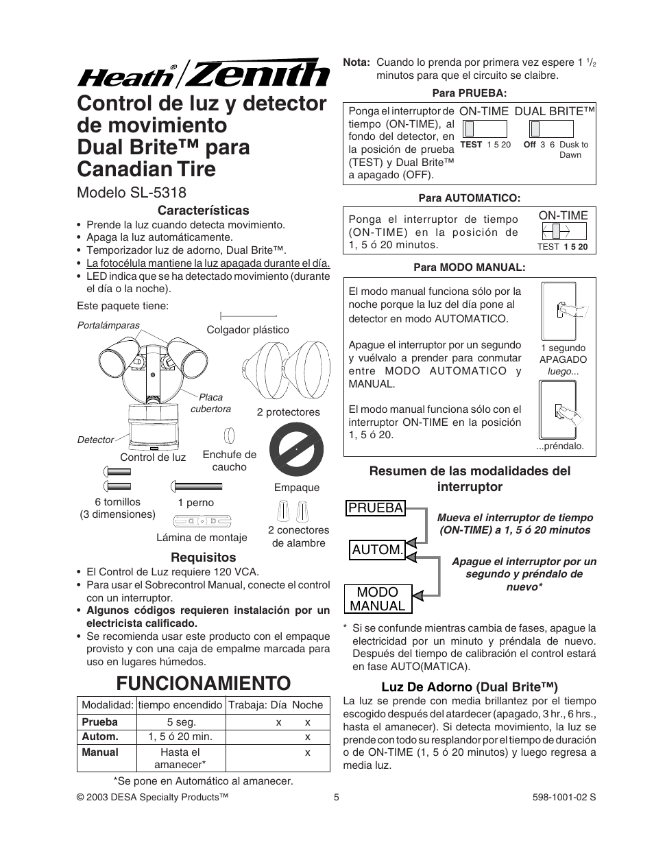 Funcionamiento, Modelo sl-5318, Prueba autom. modo manual | Heath Zenith DUAL BRITE SL-5318 User Manual | Page 5 / 12