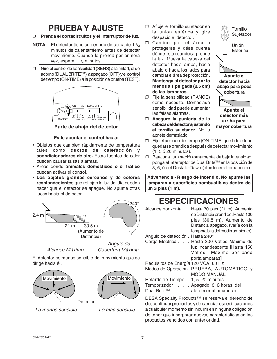 Prueba y ajuste, Especificaciones | Heath Zenith DUAL BRITE SL-5318 User Manual | Page 7 / 12