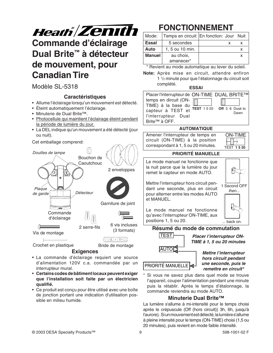 Commande d’éclairage dual brite, À détecteur de mouvement, pour canadian tire, Fonctionnement | Modèle sl-5318 | Heath Zenith DUAL BRITE SL-5318 User Manual | Page 9 / 12