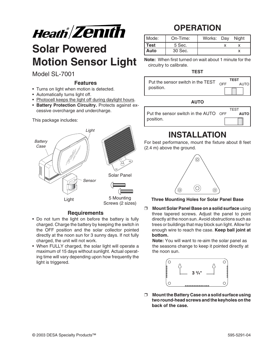 Heath Zenith MOTION SENSOR LIGHT SL-7001 User Manual | 8 pages
