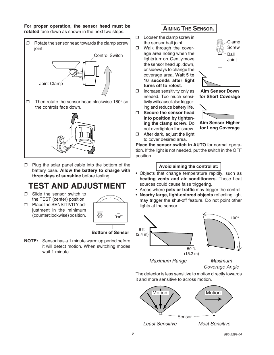 Test and adjustment | Heath Zenith MOTION SENSOR LIGHT SL-7001 User Manual | Page 2 / 8