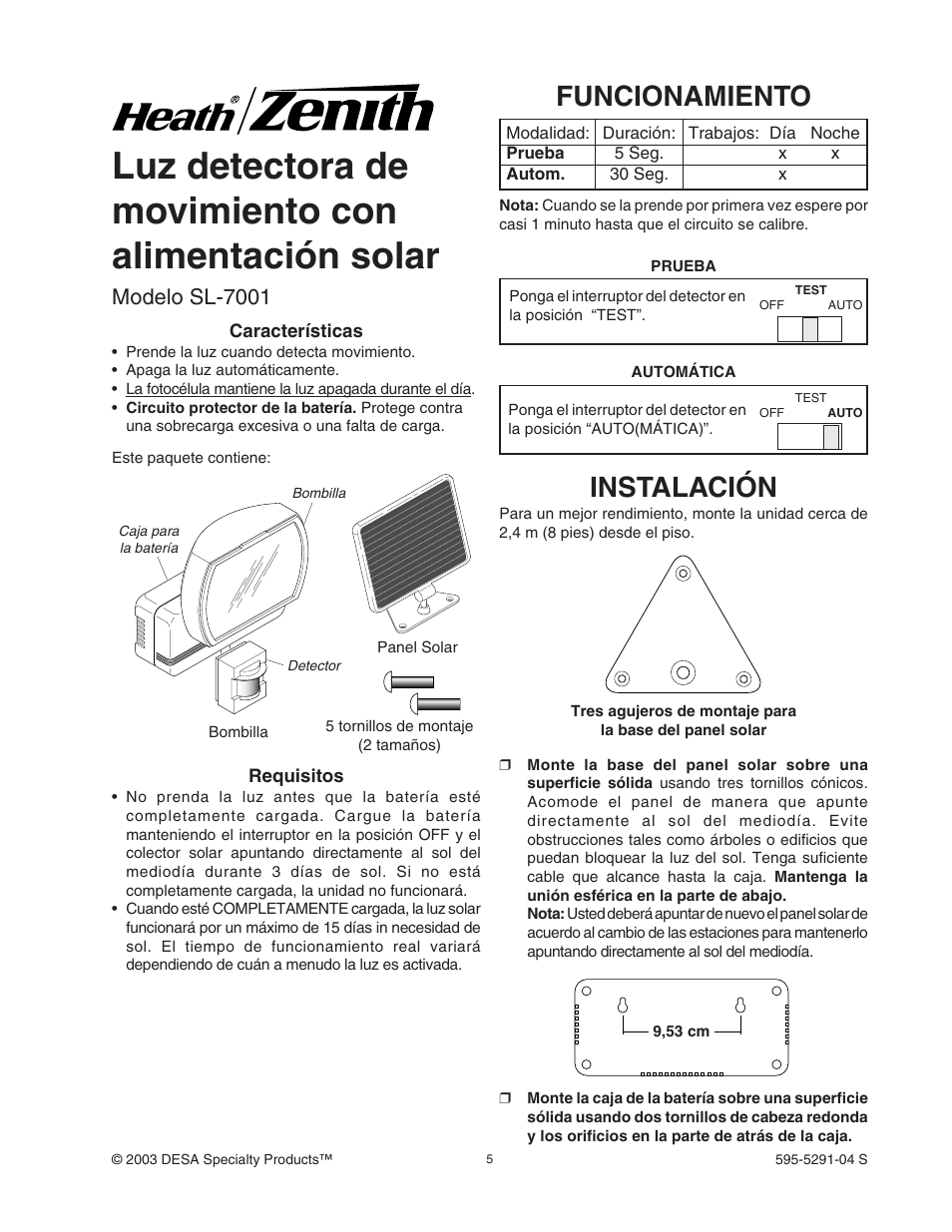 Luz detectora de movimiento con alimentación solar, Funcionamiento, Instalación | Modelo sl-7001 | Heath Zenith MOTION SENSOR LIGHT SL-7001 User Manual | Page 5 / 8