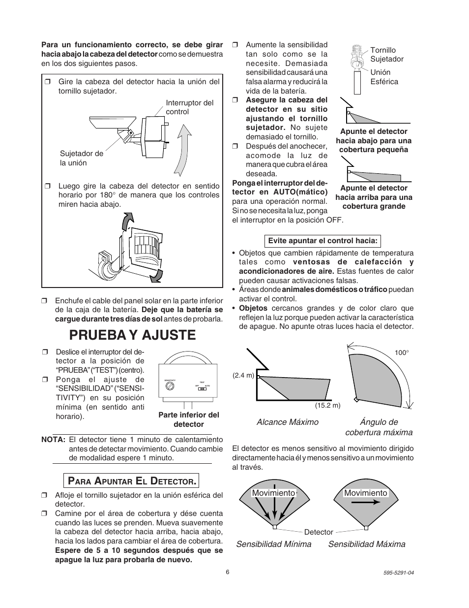 Prueba y ajuste | Heath Zenith MOTION SENSOR LIGHT SL-7001 User Manual | Page 6 / 8