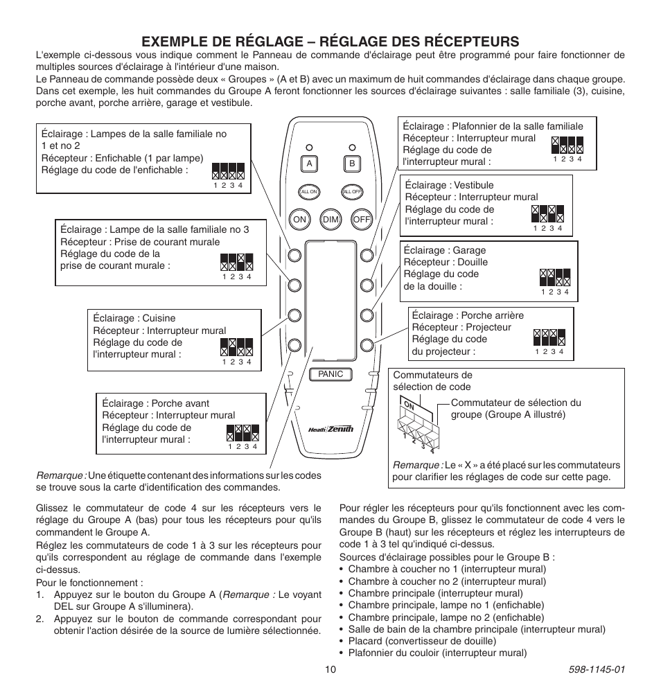Exemple de réglage – réglage des récepteurs, Group a settings group b settings | Heath Zenith Multi-Channel Remote Control User Manual | Page 10 / 12