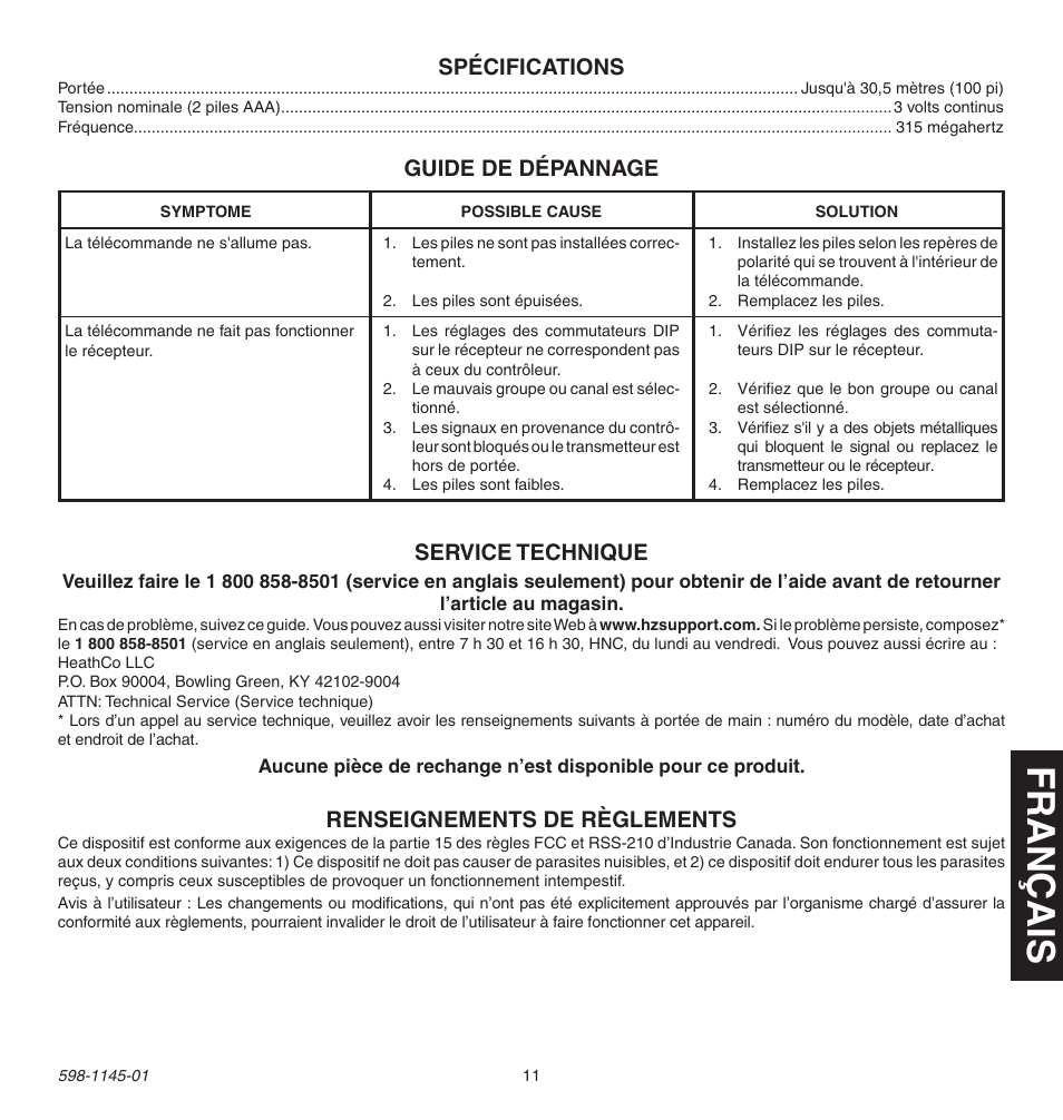Fr a n ça is, Spécifications, Guide de dépannage | Renseignements de règlements, Service technique | Heath Zenith Multi-Channel Remote Control User Manual | Page 11 / 12