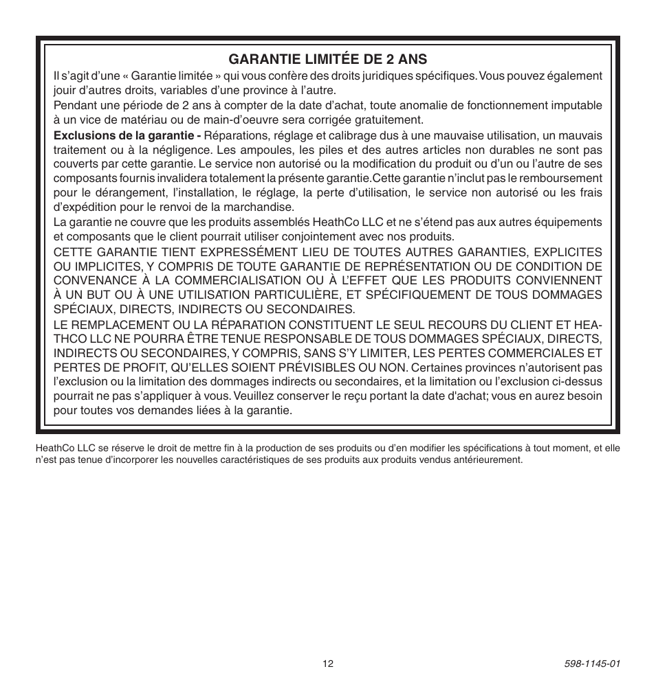 Garantie limitée de 2 ans | Heath Zenith Multi-Channel Remote Control User Manual | Page 12 / 12