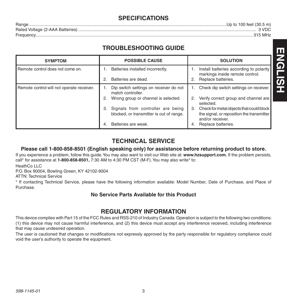 English, Specifications, Troubleshooting guide | Regulatory information, Technical service | Heath Zenith Multi-Channel Remote Control User Manual | Page 3 / 12