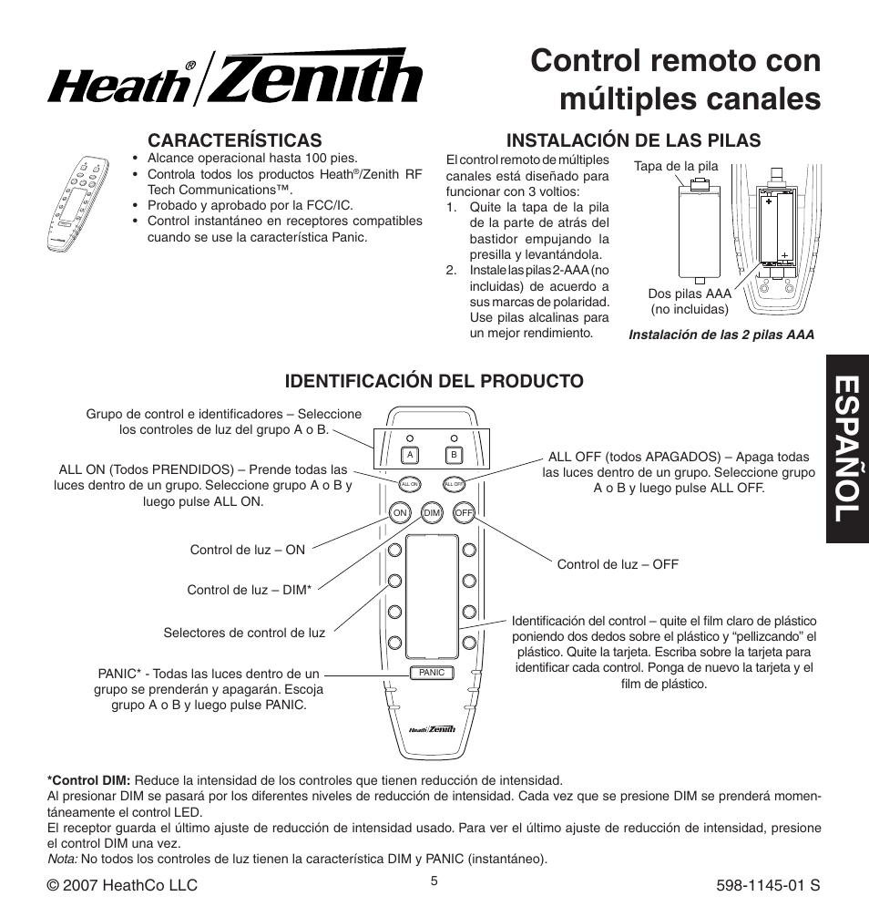 Esp año l, Control remoto con múltiples canales, Características | Instalación de las pilas, Identificación del producto | Heath Zenith Multi-Channel Remote Control User Manual | Page 5 / 12