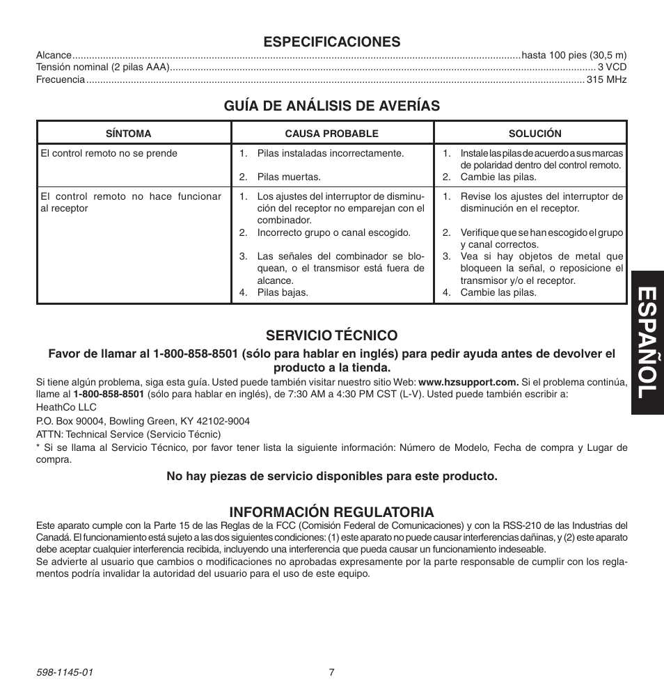 Esp año l, Especificaciones, Guía de análisis de averías | Información regulatoria, Servicio técnico | Heath Zenith Multi-Channel Remote Control User Manual | Page 7 / 12