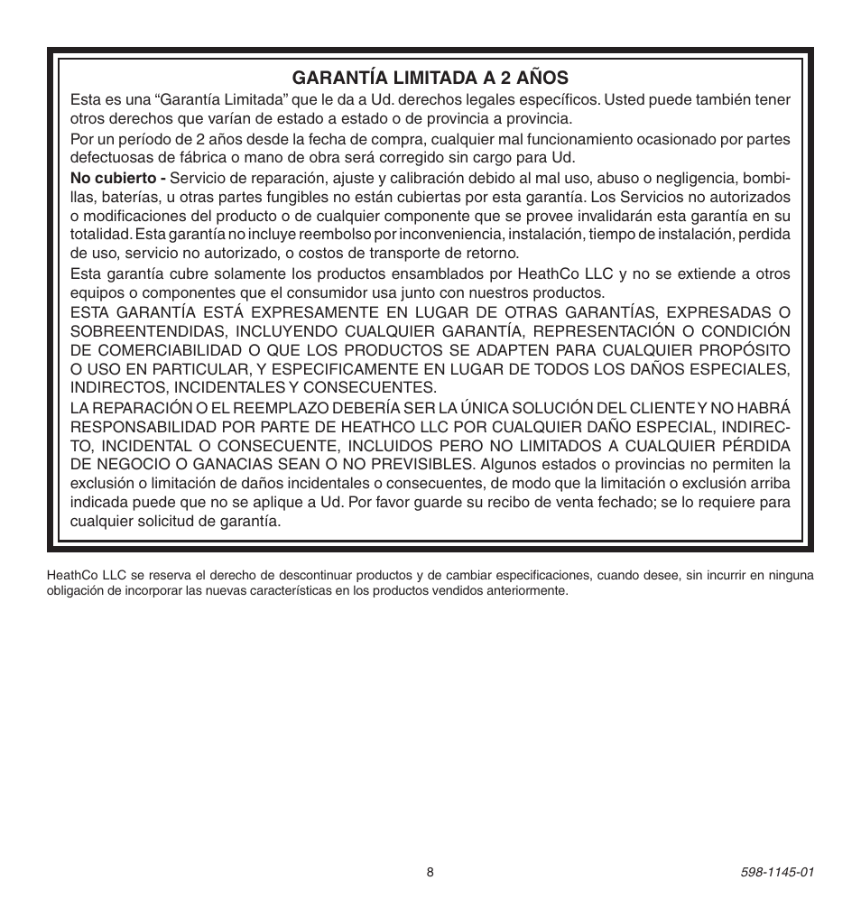 Garantía limitada a 2 años | Heath Zenith Multi-Channel Remote Control User Manual | Page 8 / 12