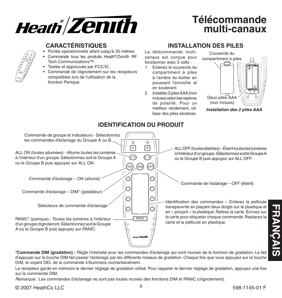 Fr a n ça is, Télécommande multi-canaux, Caractéristiques | Installation des piles, Identification du produit | Heath Zenith Multi-Channel Remote Control User Manual | Page 9 / 12