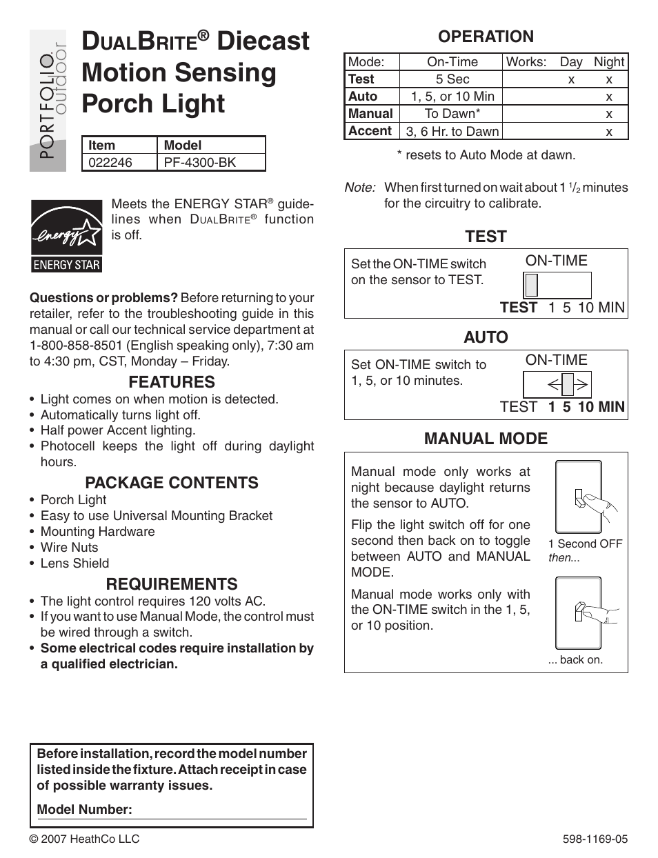 Heath Zenith Motion Sensing Porch Light PF-4300-BK User Manual | 24 pages