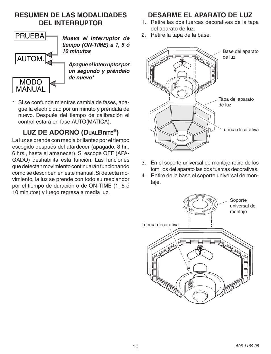 Prueba autom. modo manual, Resumen de las modalidades del interruptor, Luz de adorno (d | Desarme el aparato de luz | Heath Zenith Motion Sensing Porch Light PF-4300-BK User Manual | Page 10 / 24