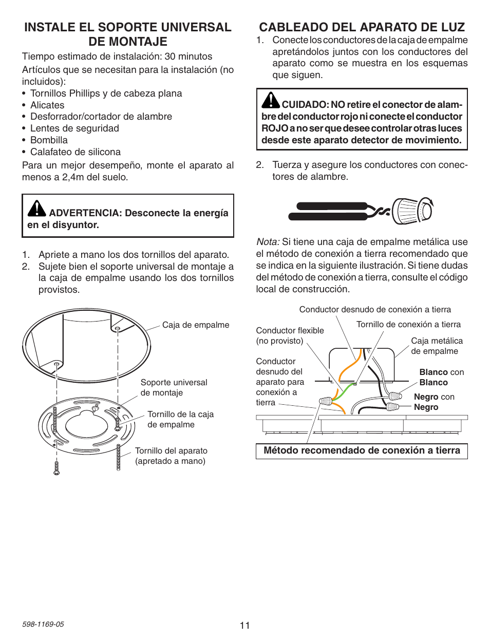 Instale el soporte universal de montaje, Cableado del aparato de luz | Heath Zenith Motion Sensing Porch Light PF-4300-BK User Manual | Page 11 / 24