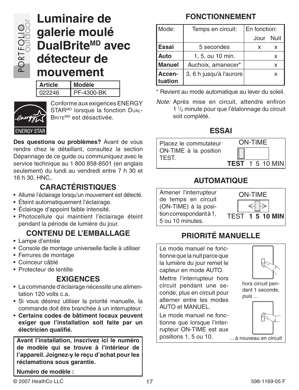 Luminaire de galerie moulé dualbrite, Avec détecteur de mouvement | Heath Zenith Motion Sensing Porch Light PF-4300-BK User Manual | Page 17 / 24