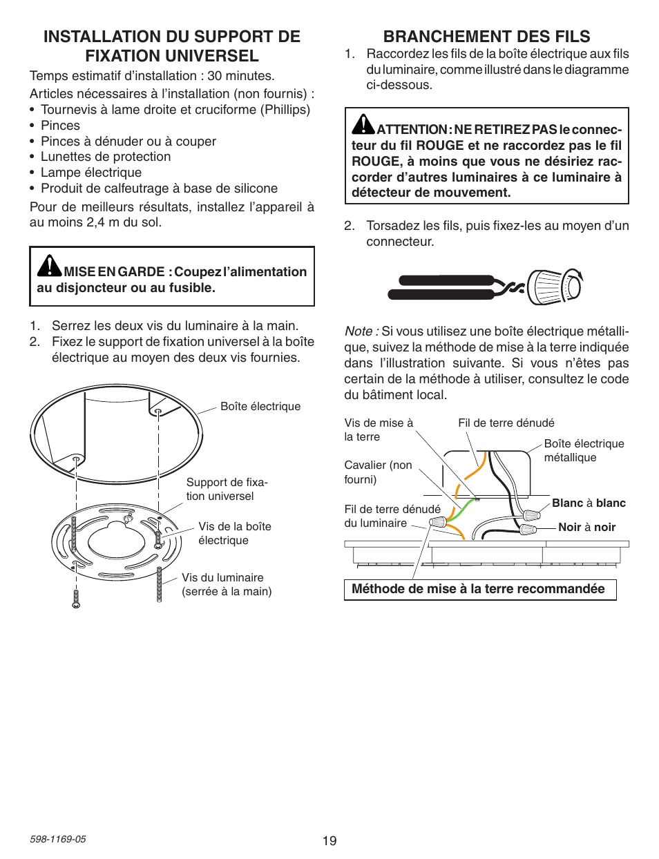 Installation du support de fixation universel, Branchement des fils | Heath Zenith Motion Sensing Porch Light PF-4300-BK User Manual | Page 19 / 24