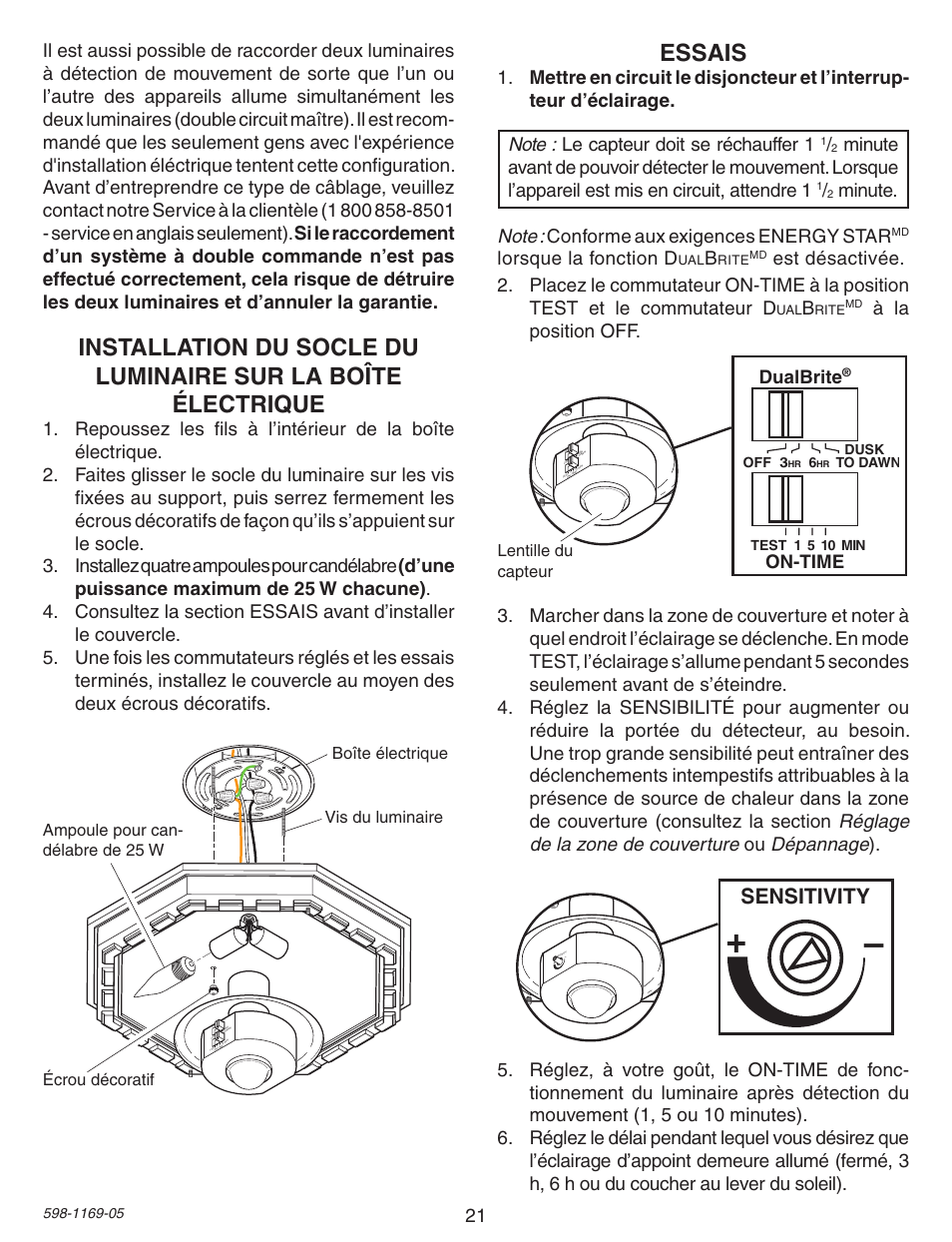 Essais, Sensitivity, Lorsque la fonction d | Dualbrite, On-time, Lentille du capteur | Heath Zenith Motion Sensing Porch Light PF-4300-BK User Manual | Page 21 / 24