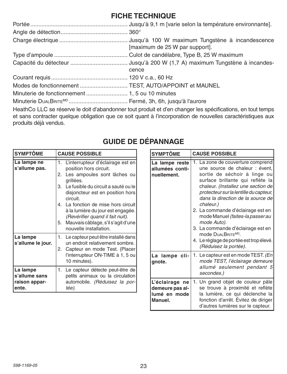 Fiche technique, Guide de dépannage | Heath Zenith Motion Sensing Porch Light PF-4300-BK User Manual | Page 23 / 24