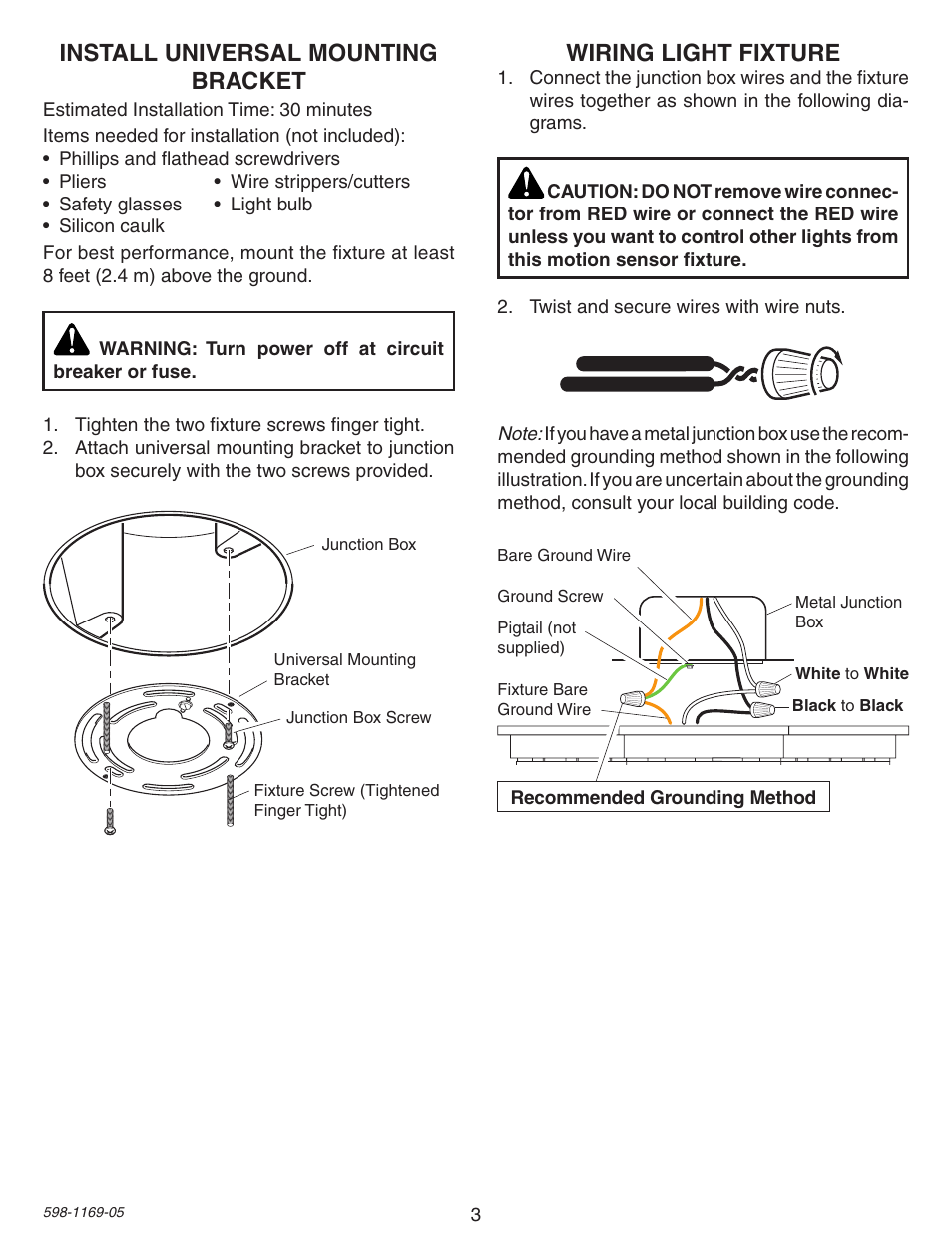 Install universal mounting bracket, Wiring light fixture | Heath Zenith Motion Sensing Porch Light PF-4300-BK User Manual | Page 3 / 24