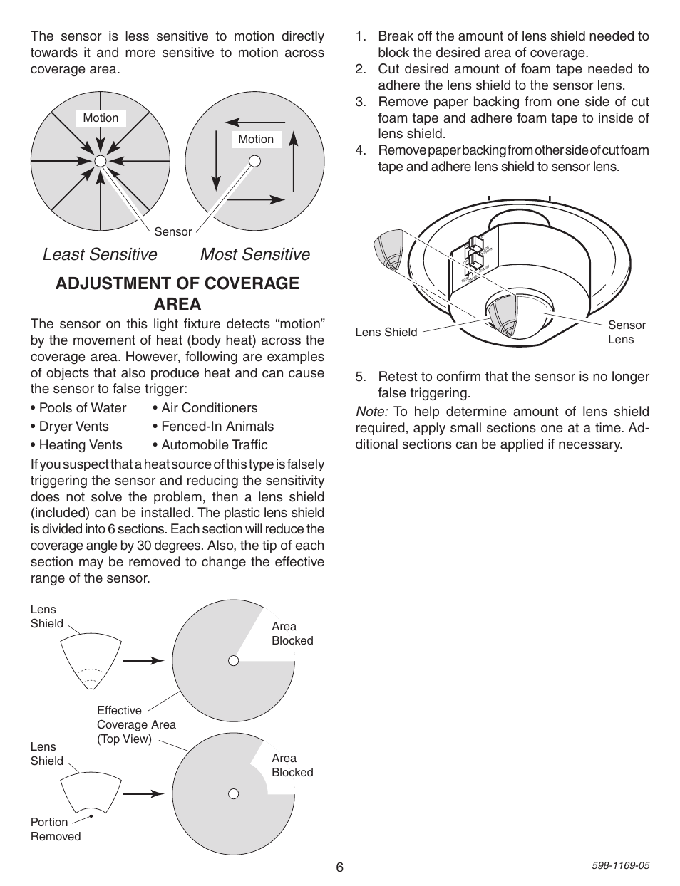 Least sensitive most sensitive, Adjustment of coverage area | Heath Zenith Motion Sensing Porch Light PF-4300-BK User Manual | Page 6 / 24