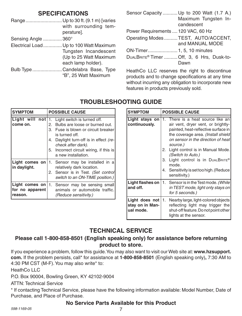 Specifications, Troubleshooting guide technical service, No service parts available for this product | Heath Zenith Motion Sensing Porch Light PF-4300-BK User Manual | Page 7 / 24