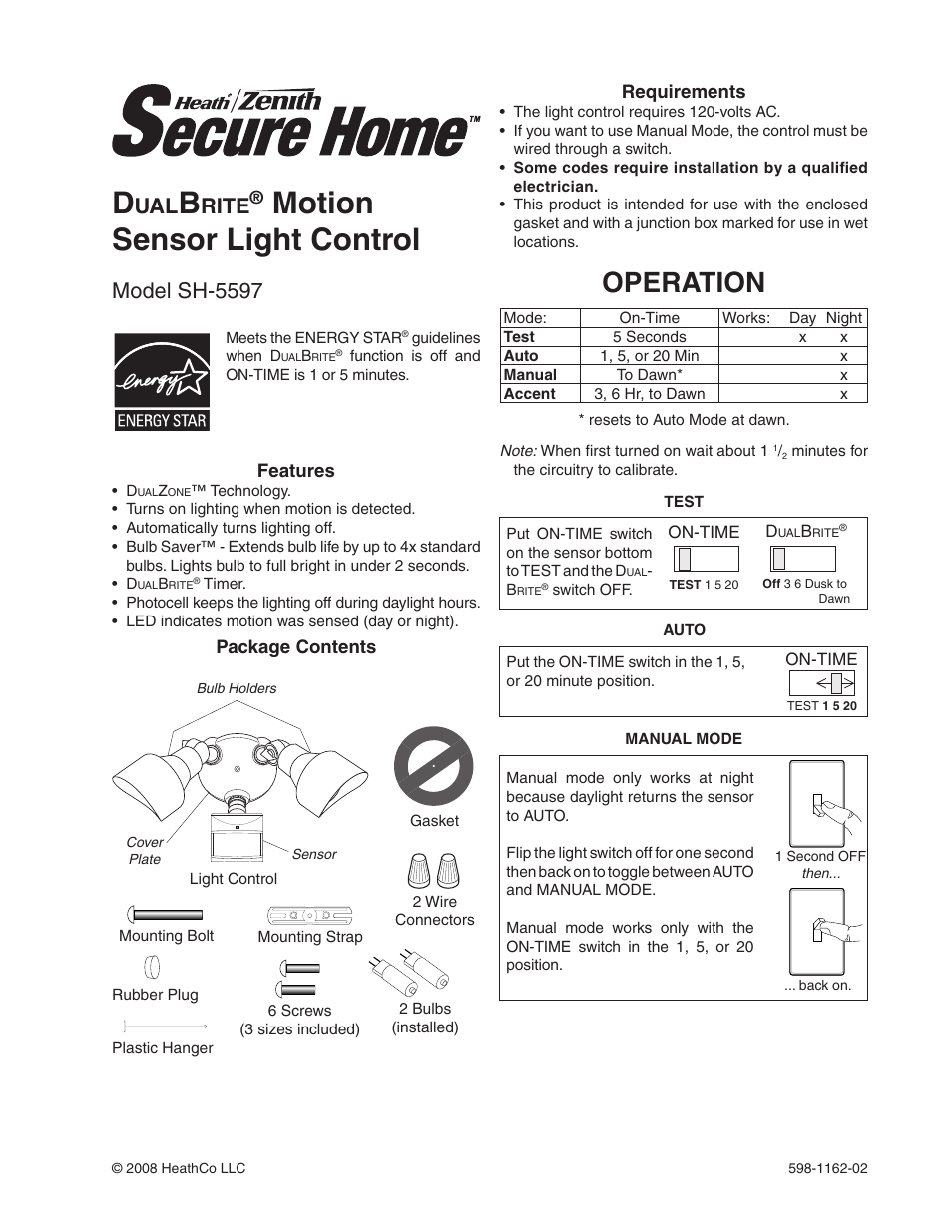 Heath Zenith DualBrite Motion Sensor Light Control SH-5597 User Manual | 20 pages