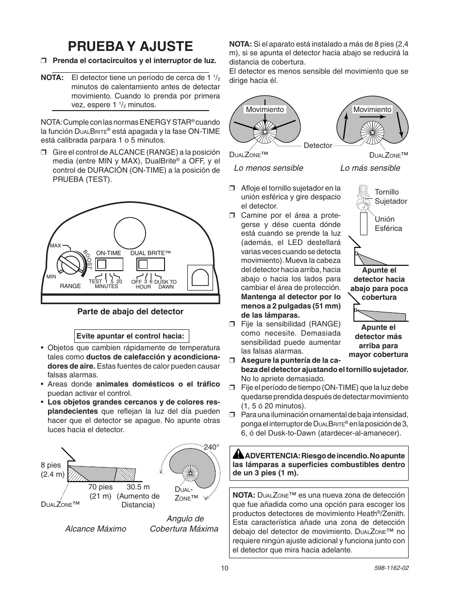 Prueba y ajuste | Heath Zenith DualBrite Motion Sensor Light Control SH-5597 User Manual | Page 10 / 20