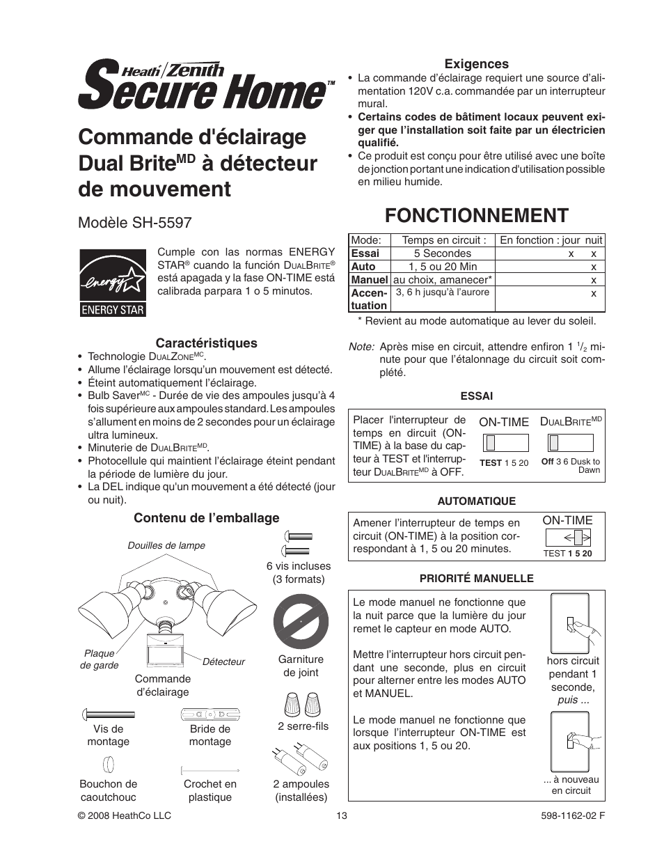 Commande d'éclairage dual brite, À détecteur de mouvement, Fonctionnement | Modèle sh-5597 | Heath Zenith DualBrite Motion Sensor Light Control SH-5597 User Manual | Page 13 / 20