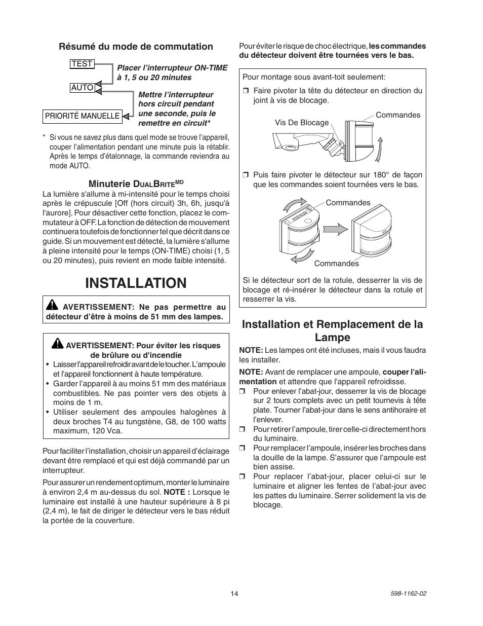 Installation, Installation et remplacement de la lampe | Heath Zenith DualBrite Motion Sensor Light Control SH-5597 User Manual | Page 14 / 20