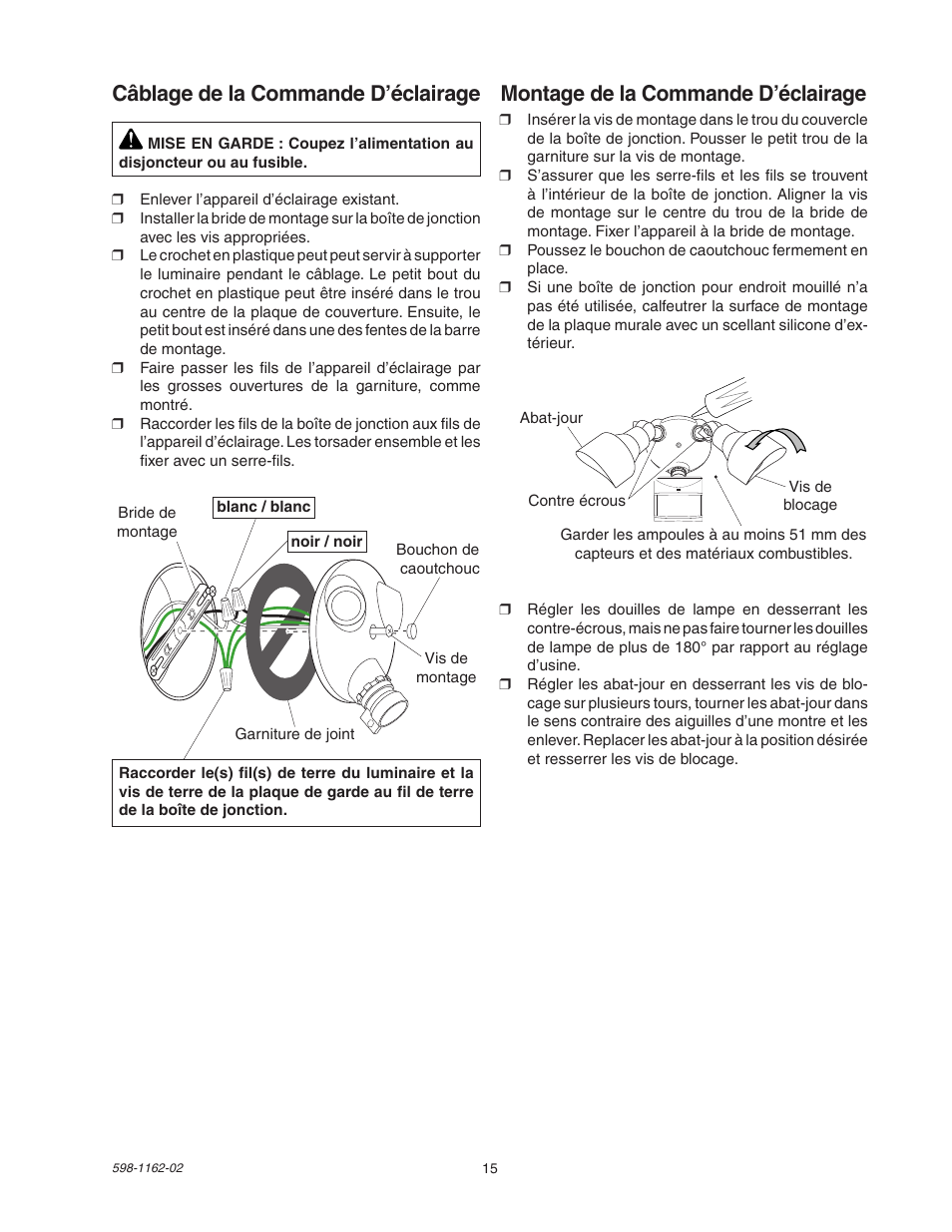 Montage de la commande d’éclairage, Câblage de la commande d’éclairage | Heath Zenith DualBrite Motion Sensor Light Control SH-5597 User Manual | Page 15 / 20