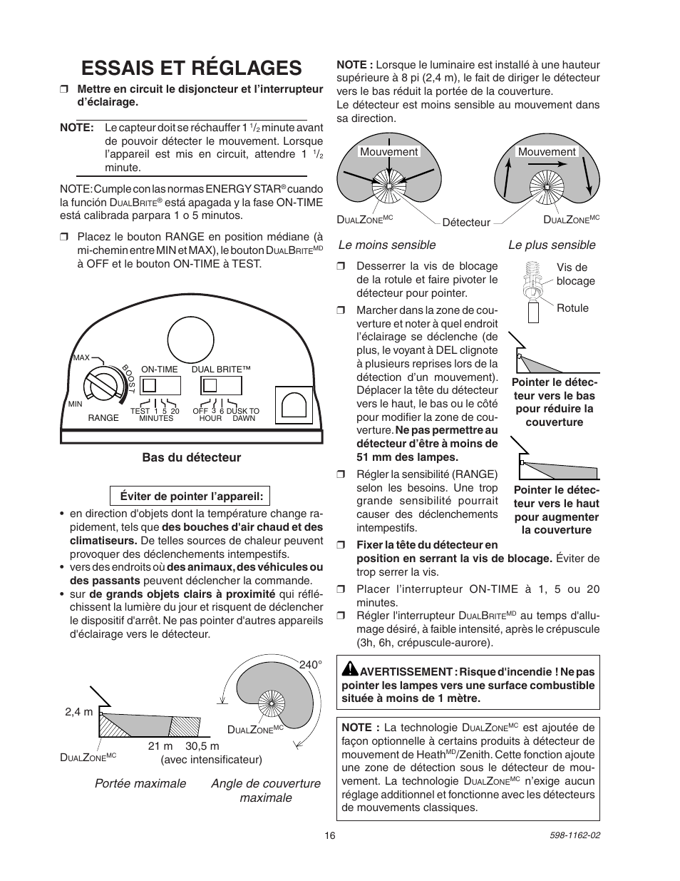 Essais et réglages | Heath Zenith DualBrite Motion Sensor Light Control SH-5597 User Manual | Page 16 / 20
