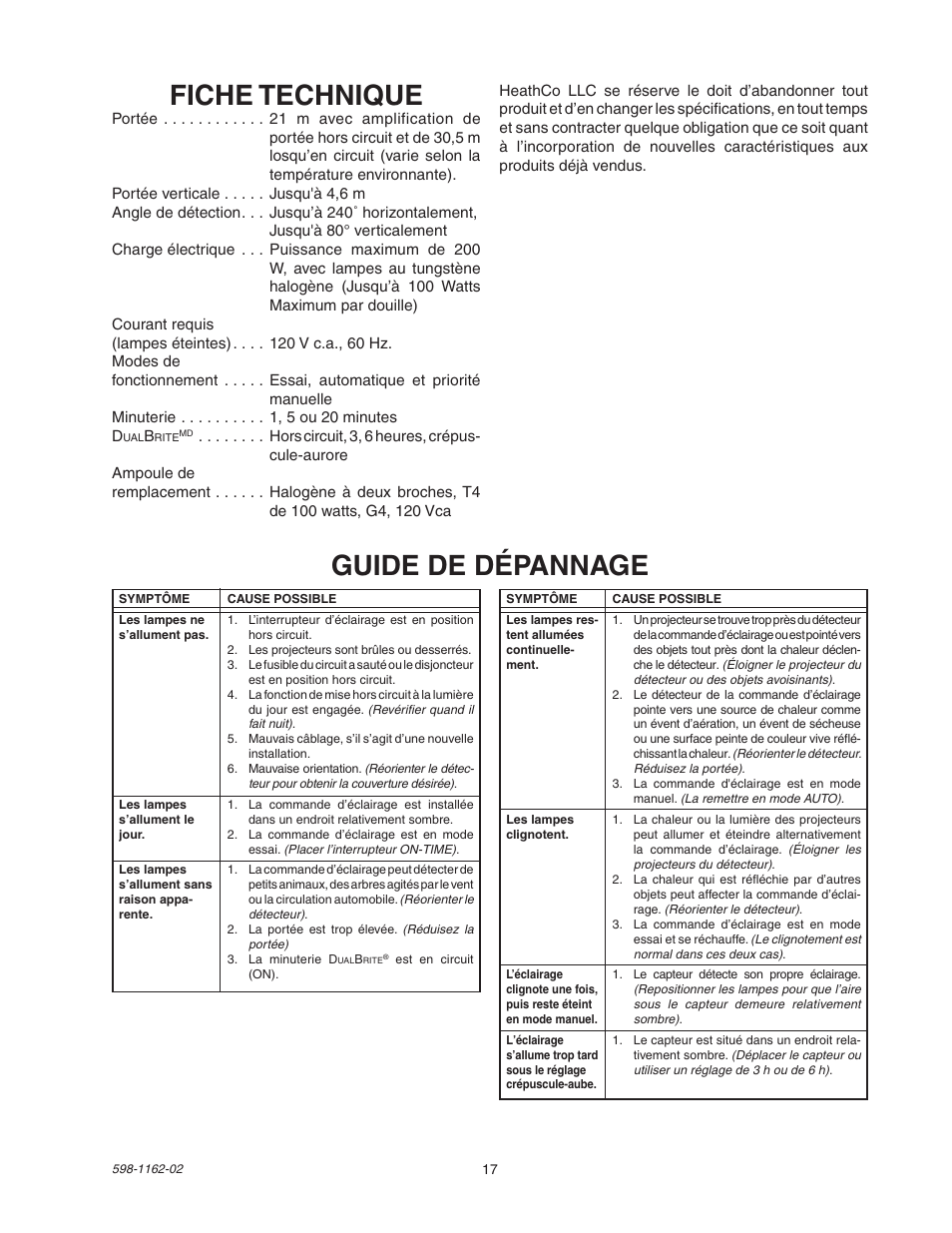 Fiche technique, Guide de dépannage | Heath Zenith DualBrite Motion Sensor Light Control SH-5597 User Manual | Page 17 / 20