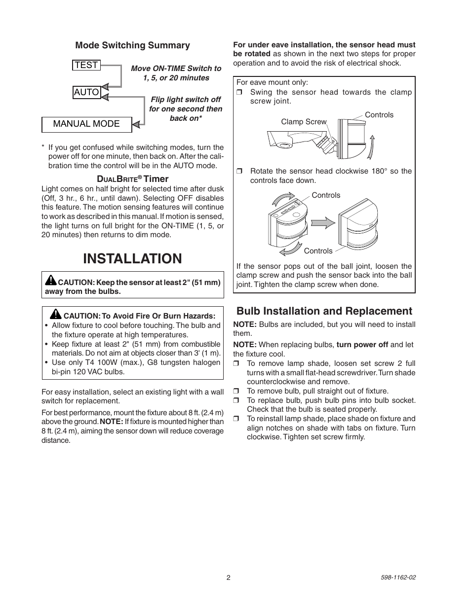 Installation, Bulb installation and replacement | Heath Zenith DualBrite Motion Sensor Light Control SH-5597 User Manual | Page 2 / 20