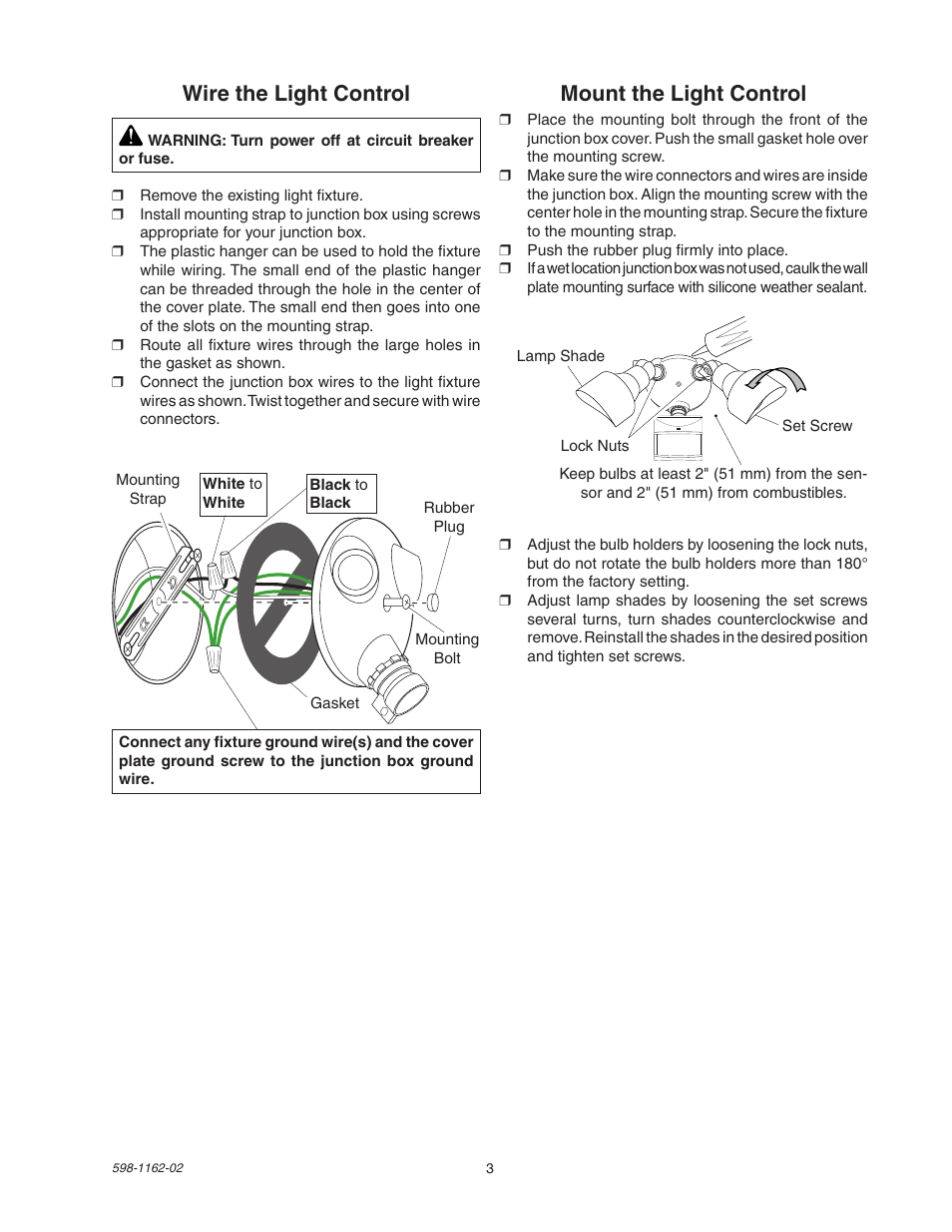 Mount the light control, Wire the light control | Heath Zenith DualBrite Motion Sensor Light Control SH-5597 User Manual | Page 3 / 20