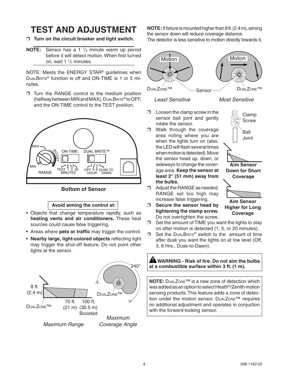 Test and adjustment | Heath Zenith DualBrite Motion Sensor Light Control SH-5597 User Manual | Page 4 / 20
